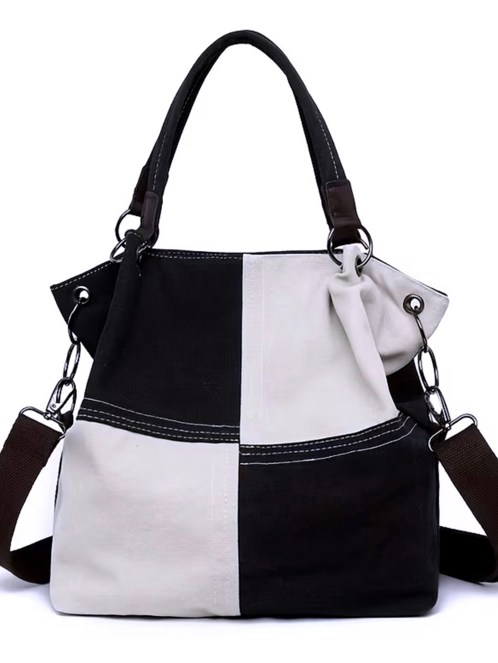 New -Fabulous Black & White -Faux Suede Patchwork Design Shoulder Bag Tote